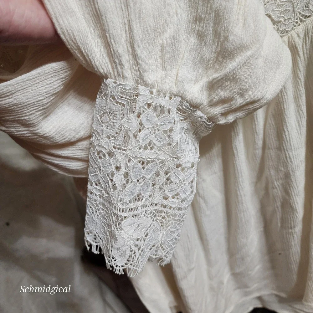 Free People Cream Lace Trim Peasant Blouse Long Sleeve Boho Top Medium